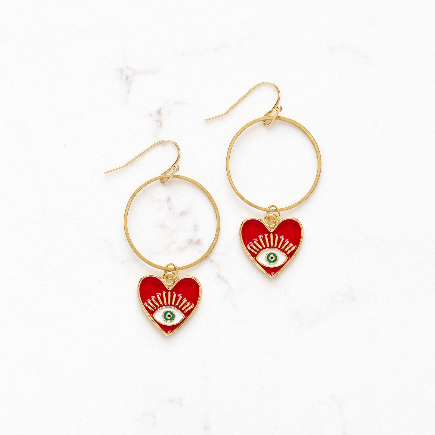 Red Enamel Heart Evil Eye Hoop Earrings