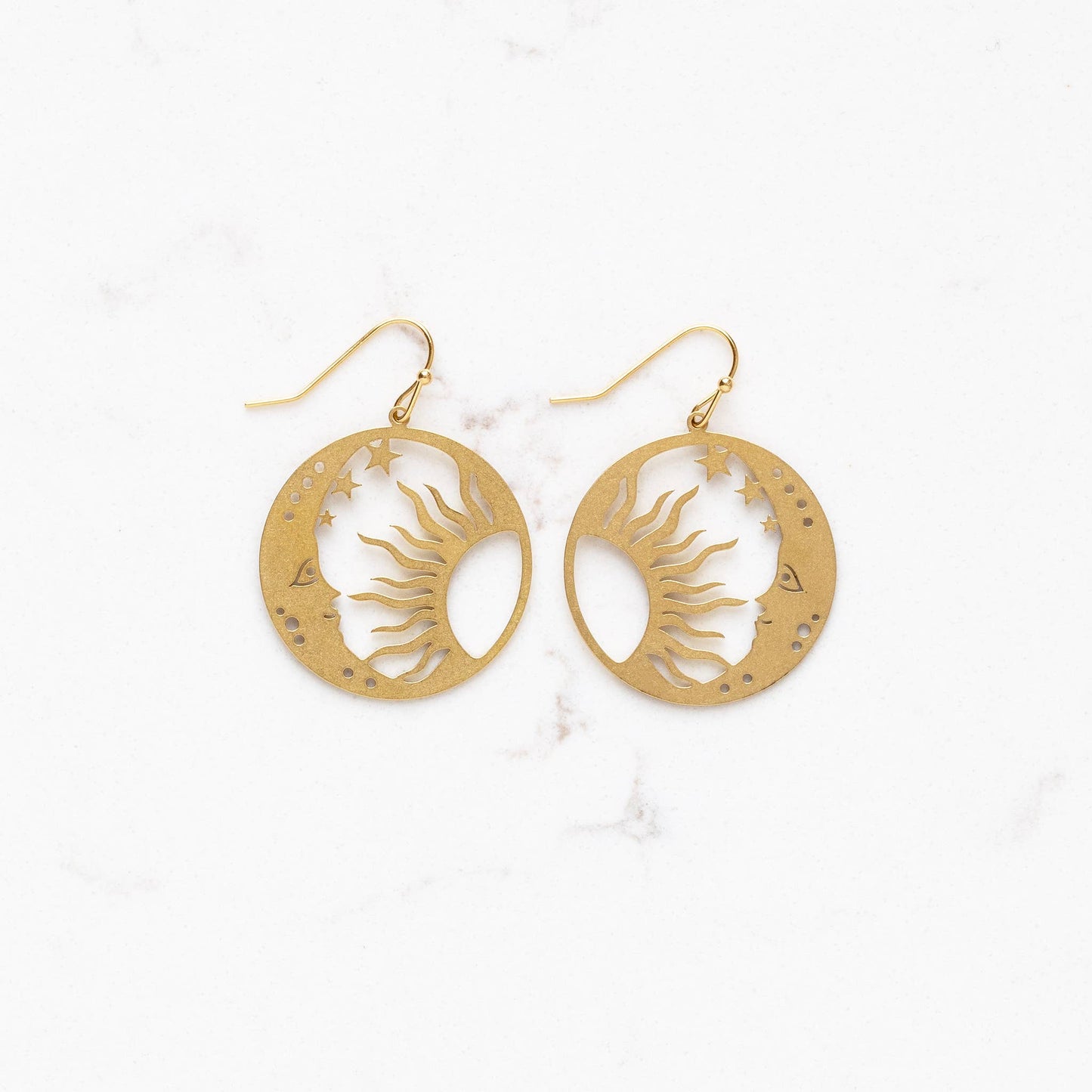 Moon and Sun Celestial Brass Dangle Earrings