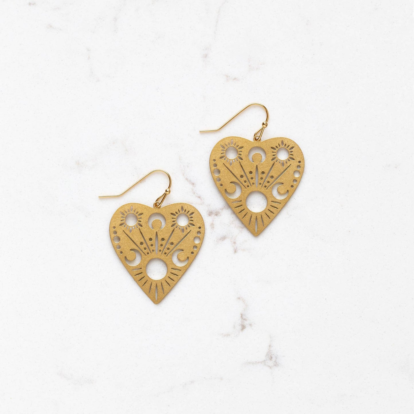 Celestial Moon and Star Brass Heart Earrings