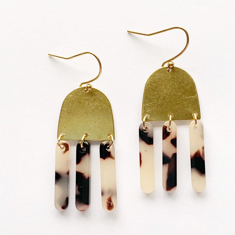 Tortoise Shell Bar and Brass Dangle Earrings