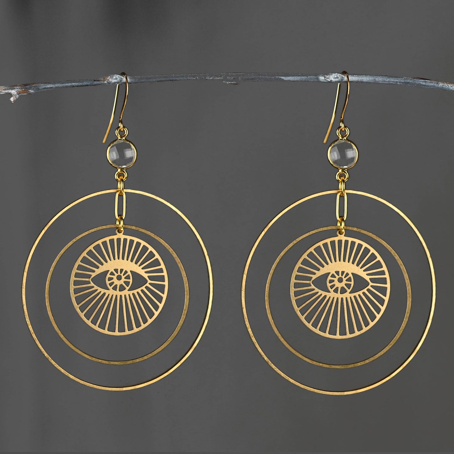 Two Circle Floating Eye with Round Semi Precious Earrings