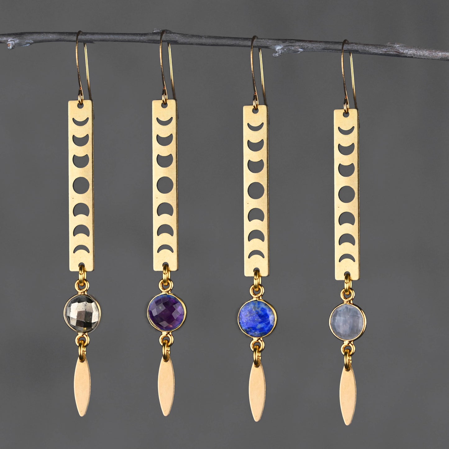 Moon Phase Bar/ w Semi Precious & Marquise Drop Earrings
